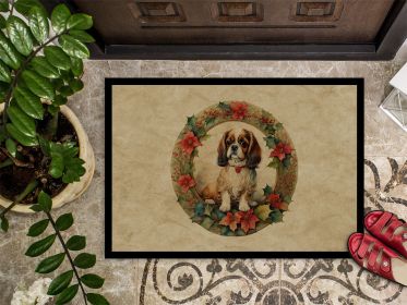 English Toy Spaniel Christmas Flowers Doormat Front Door Mat Indoor Outdoor Rugs for Entryway, Non Slip Washable Low Pile, 24H X 36W