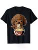 Cute Toy Poodle Dog Eating Ramen T-Shirt, 100% Cotton, Single Side Printed Crew Neck Short Sleeve T-Shirt, Black