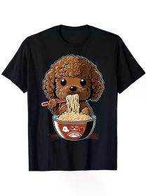 Cute Toy Poodle Dog Eating Ramen T-Shirt, 100% Cotton, Single Side Printed Crew Neck Short Sleeve T-Shirt, Black (Color: Black, size: XXXL)
